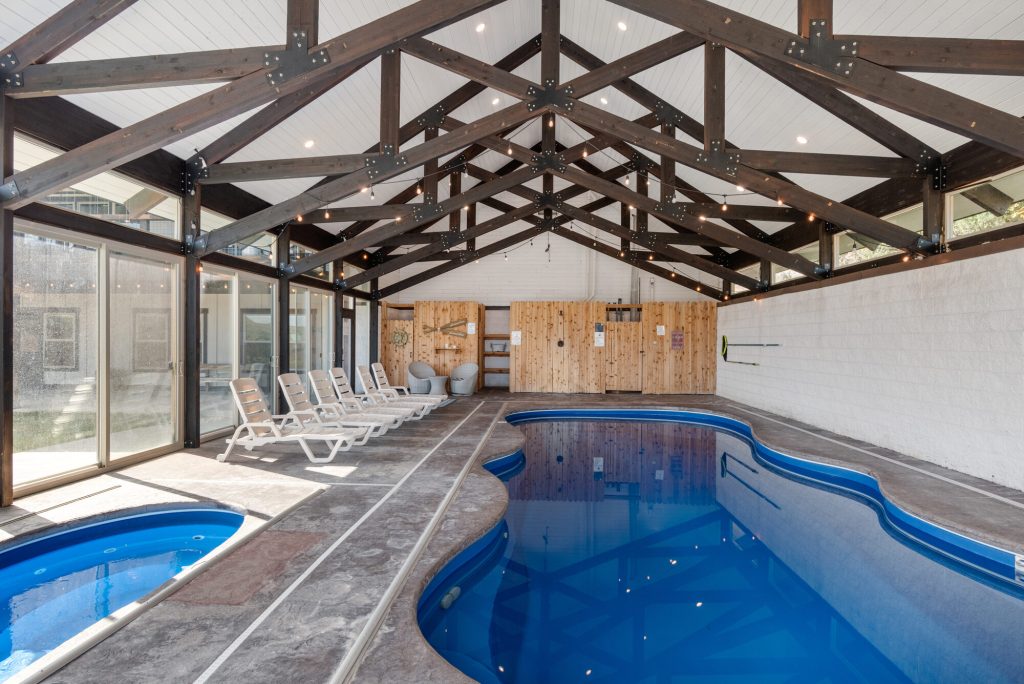 Indoor pool with Bear Lake views at Patagonia Lodge